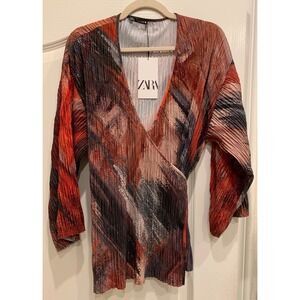 NWT Zara Womens Long Sleeve Pleated Printed Wrap Tie Kimono Top Sz M